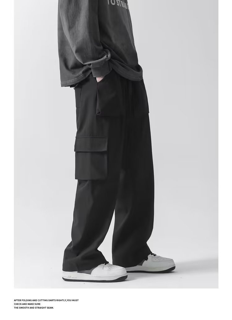 boy Black Cargo Casual 2023 Spring Autumn Versatile Stylish Wide-leg Sports Straight Pants For Men_voghion.com