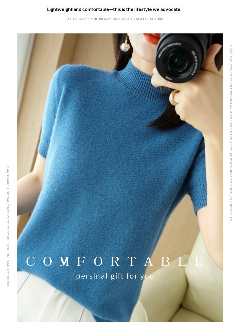 ChicShe ChicShe Spring And Autumn Turtleneck Women's Base Shirt Loose Wool Blend Short Inner Wear Half Sleeve Knitted Thin Sweater_voghion.com