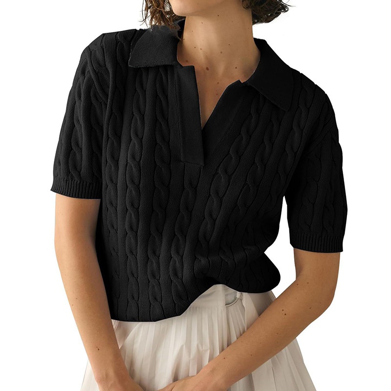 ChicShe ChicShe 2025 Commerce extérieur Européen et américain Polo à manches courtes pour femmes, maille décontractée, couleur unie, maille torsadée_voghion.com