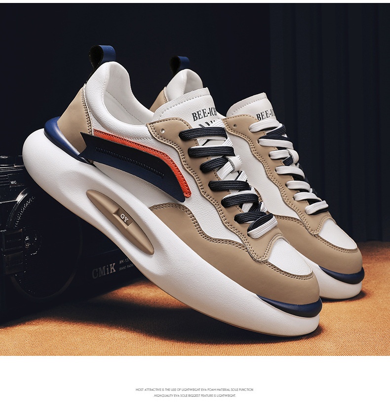 Tênis esportivo Zees de couro genuíno para casal, com sola grossa, branco, estilo casual e moderno, ideal para outono/inverno. Versátil e estiloso, perfeito para homens e mulheres._voghion.com