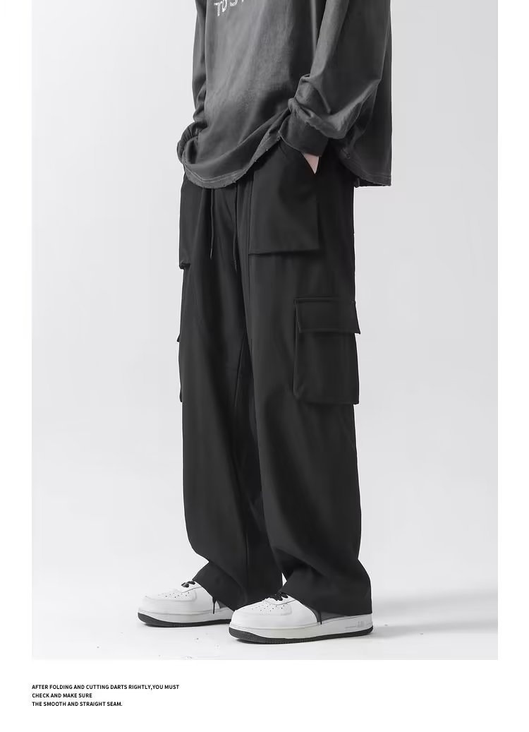 boy Black Cargo Casual 2023 Spring Autumn Versatile Stylish Wide-leg Sports Straight Pants For Men_voghion.com