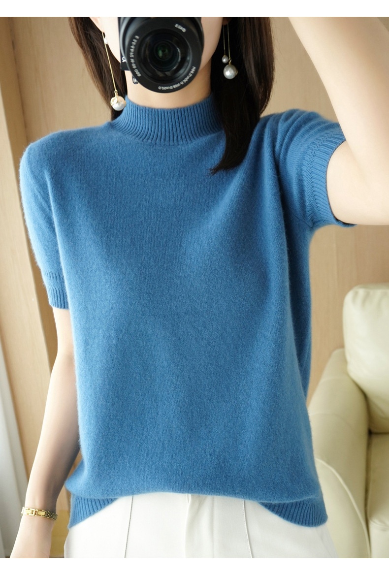 ChicShe ChicShe Spring And Autumn Turtleneck Women's Base Shirt Loose Wool Blend Short Inner Wear Half Sleeve Knitted Thin Sweater_voghion.com