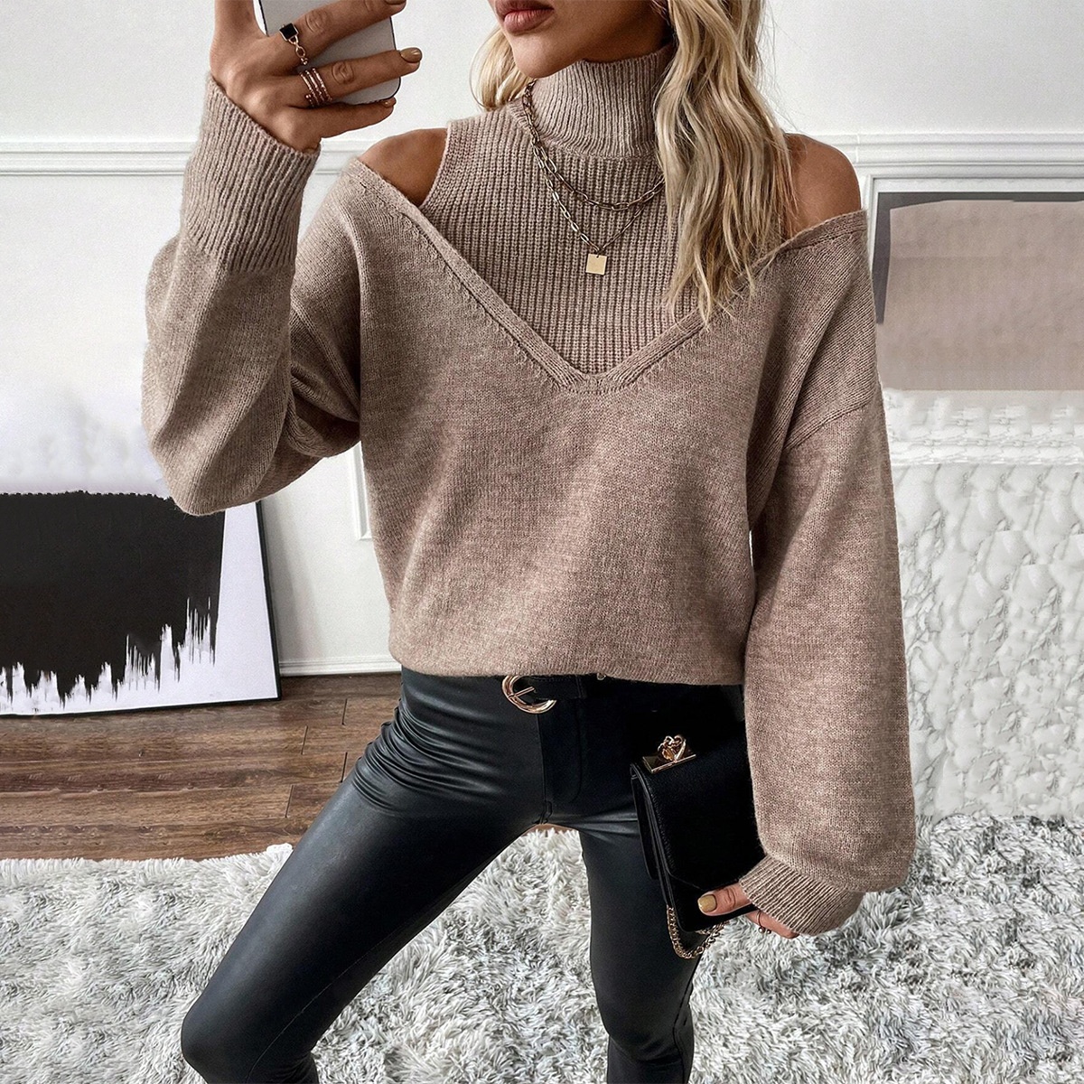 ChicShe ChicShe Autumn Winter Cross-Border European And American Women's Knitted Export Off-Shoulder Half Turtleneck Solid Color_voghion.com
