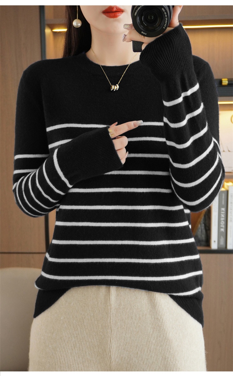 ChicShe ChicShe Women's Round Neck Sweater 2023 Autumn Winter New Long Sleeve Striped Pullover Slimming Knitted Wool Base Shirt_voghion.com