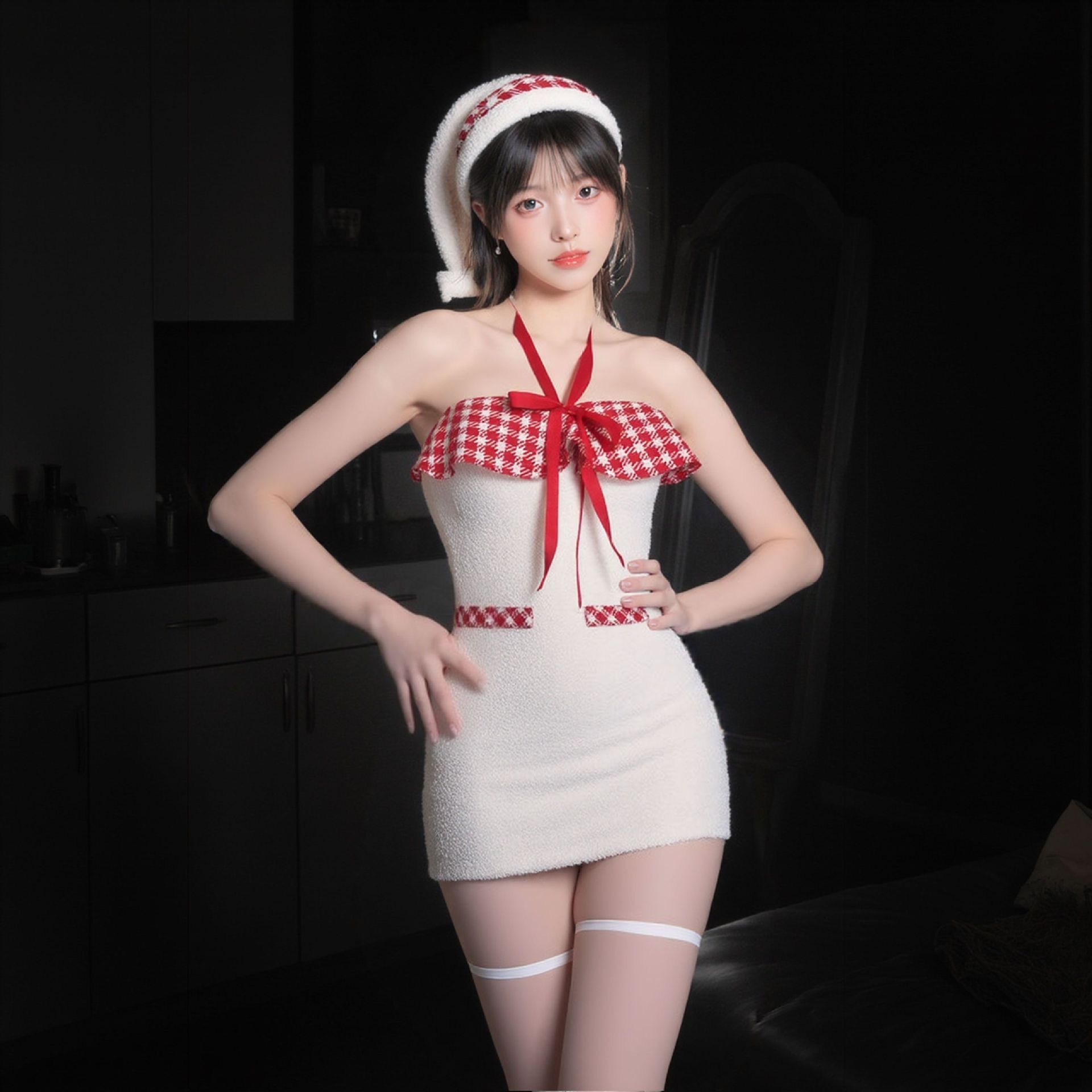 Eros Lab Lingerie Snowy Elf Christmas Girl Cute Pure Desire Fluffy Plaid Halter Neck Hot Sexy Bodycon Mini Dress_voghion.com