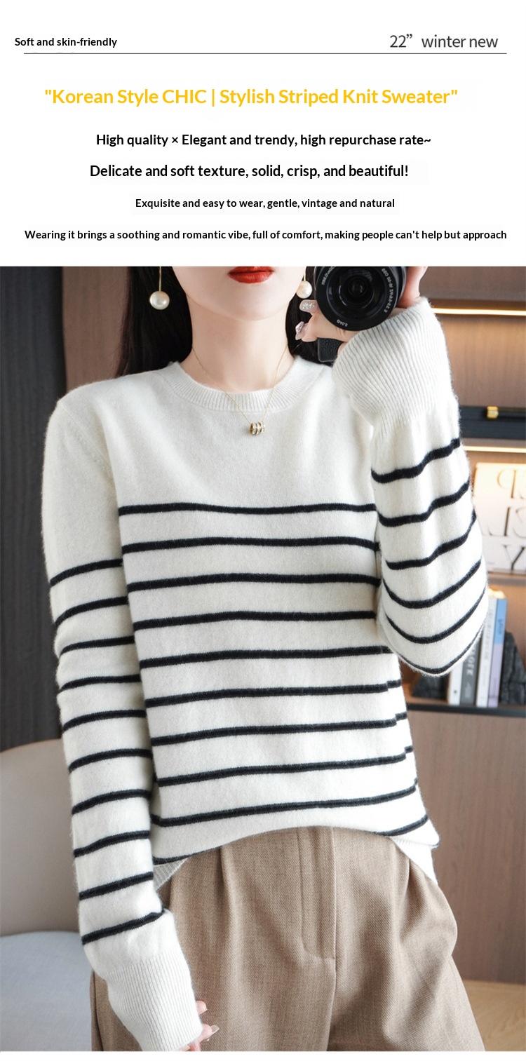 ChicShe ChicShe Women's Round Neck Sweater 2023 Autumn Winter New Long Sleeve Striped Pullover Slimming Knitted Wool Base Shirt_voghion.com