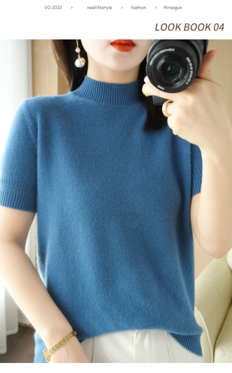 ChicShe ChicShe Spring And Autumn Turtleneck Women's Base Shirt Loose Wool Blend Short Inner Wear Half Sleeve Knitted Thin Sweater_voghion.com