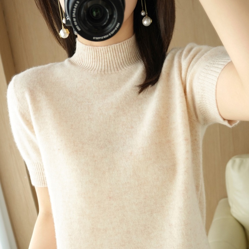 ChicShe ChicShe Spring And Autumn Turtleneck Women's Base Shirt Loose Wool Blend Short Inner Wear Half Sleeve Knitted Thin Sweater_voghion.com