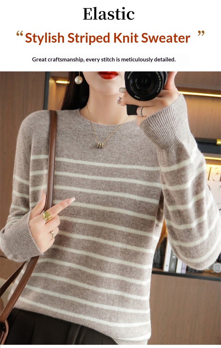 ChicShe ChicShe Women's Round Neck Sweater 2023 Autumn Winter New Long Sleeve Striped Pullover Slimming Knitted Wool Base Shirt_voghion.com