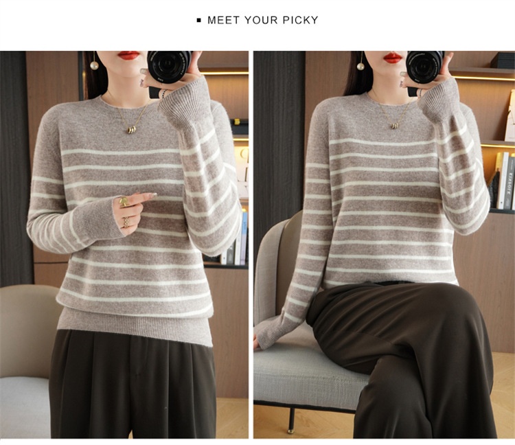 ChicShe ChicShe Women's Round Neck Sweater 2023 Autumn Winter New Long Sleeve Striped Pullover Slimming Knitted Wool Base Shirt_voghion.com
