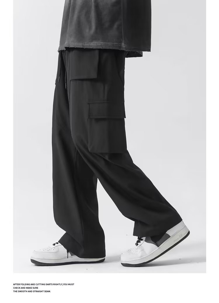 boy Black Cargo Casual 2023 Spring Autumn Versatile Stylish Wide-leg Sports Straight Pants For Men_voghion.com