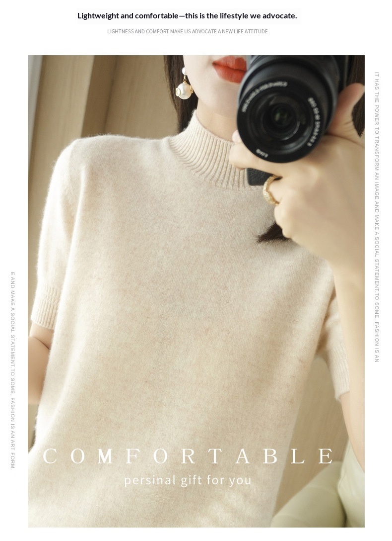 ChicShe ChicShe Spring And Autumn Turtleneck Women's Base Shirt Loose Wool Blend Short Inner Wear Half Sleeve Knitted Thin Sweater_voghion.com