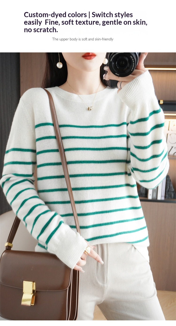 ChicShe ChicShe Women's Round Neck Sweater 2023 Autumn Winter New Long Sleeve Striped Pullover Slimming Knitted Wool Base Shirt_voghion.com