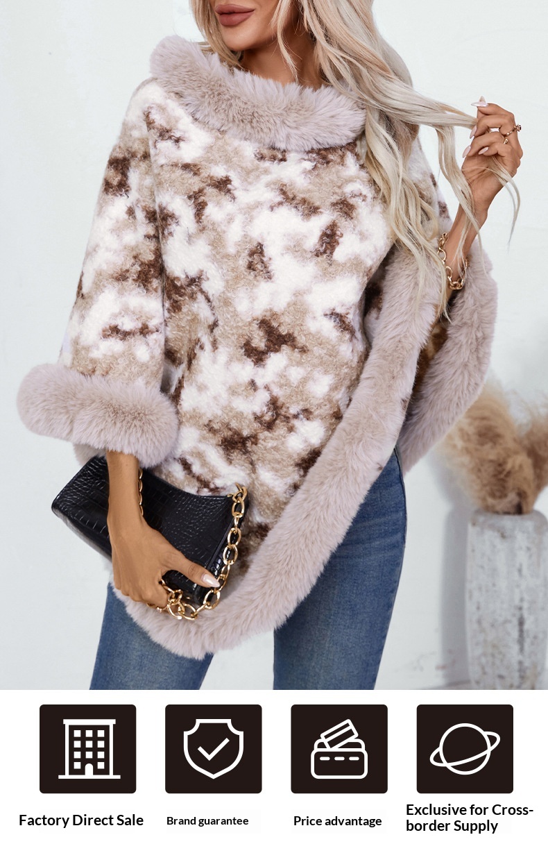 ChicShe ChicShe Fuzzy Rain European And American Cross-Border Fur Collar Pullover Color-Block Leopard Print Knitted Cape For Women_voghion.com