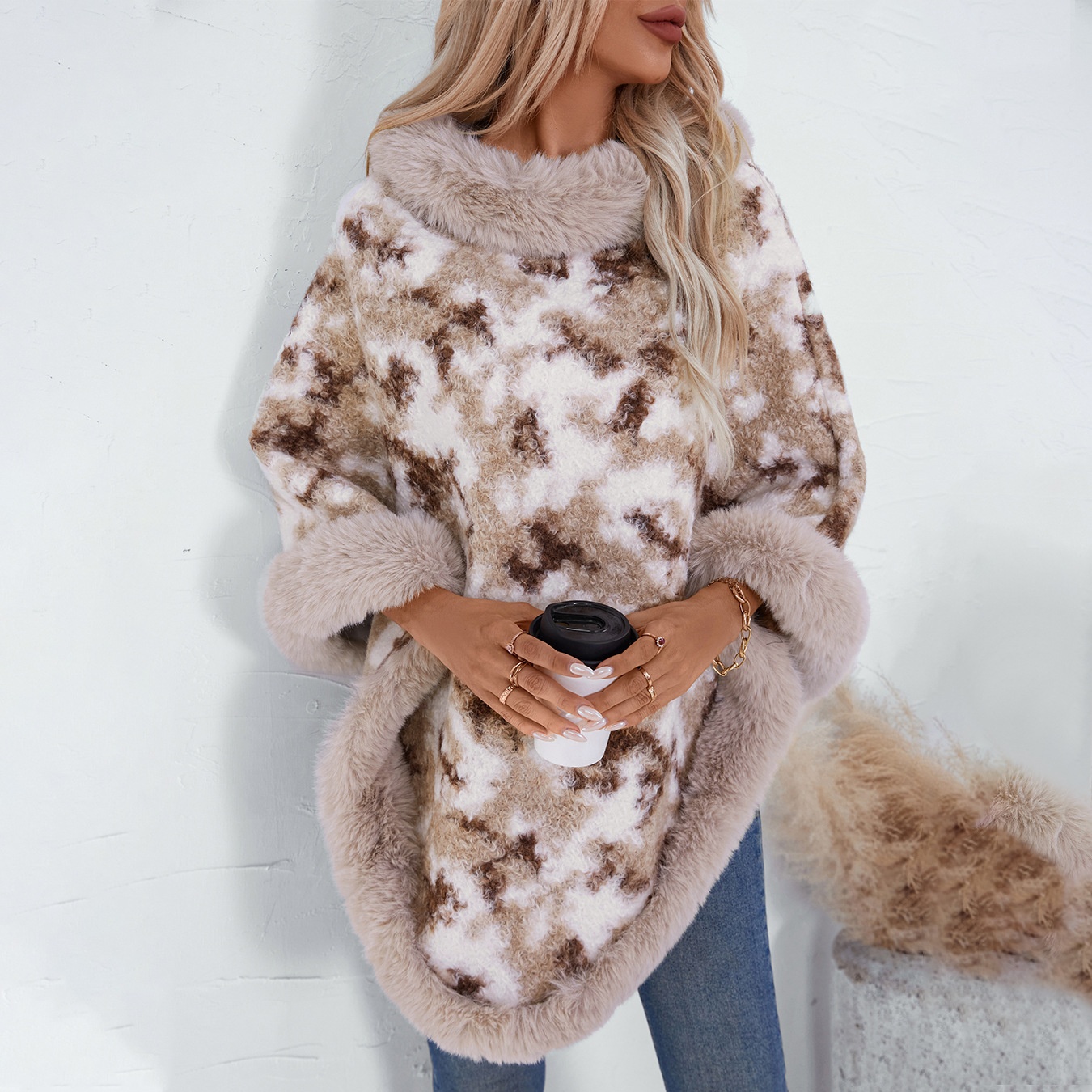 ChicShe ChicShe Fuzzy Rain European And American Cross-Border Fur Collar Pullover Color-Block Leopard Print Knitted Cape For Women_voghion.com