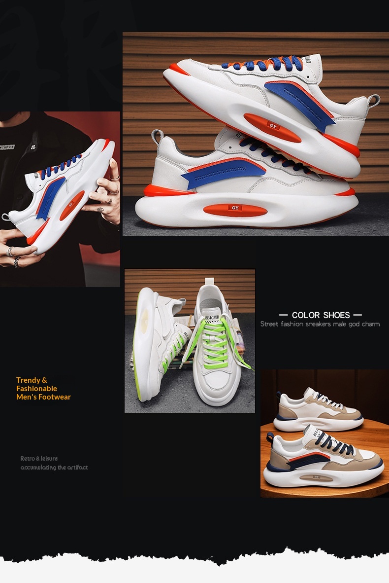 Tênis esportivo Zees de couro genuíno para casal, com sola grossa, branco, estilo casual e moderno, ideal para outono/inverno. Versátil e estiloso, perfeito para homens e mulheres._voghion.com