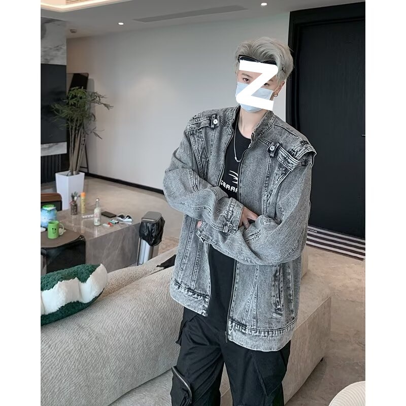 Giacca da motociclista da uomo in denim corto patchwork retrò resistente e alla moda, marchio europeo e americano, stile Cleanfit_voghion.com