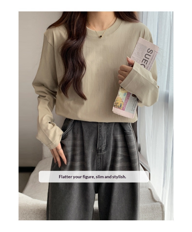 ChicShe 230g Simple Inner Layer Base Shirt Women, Autumn Long Sleeve Pure Cotton Regular Shoulder T-Shirt For Men, Round Neck_voghion.com