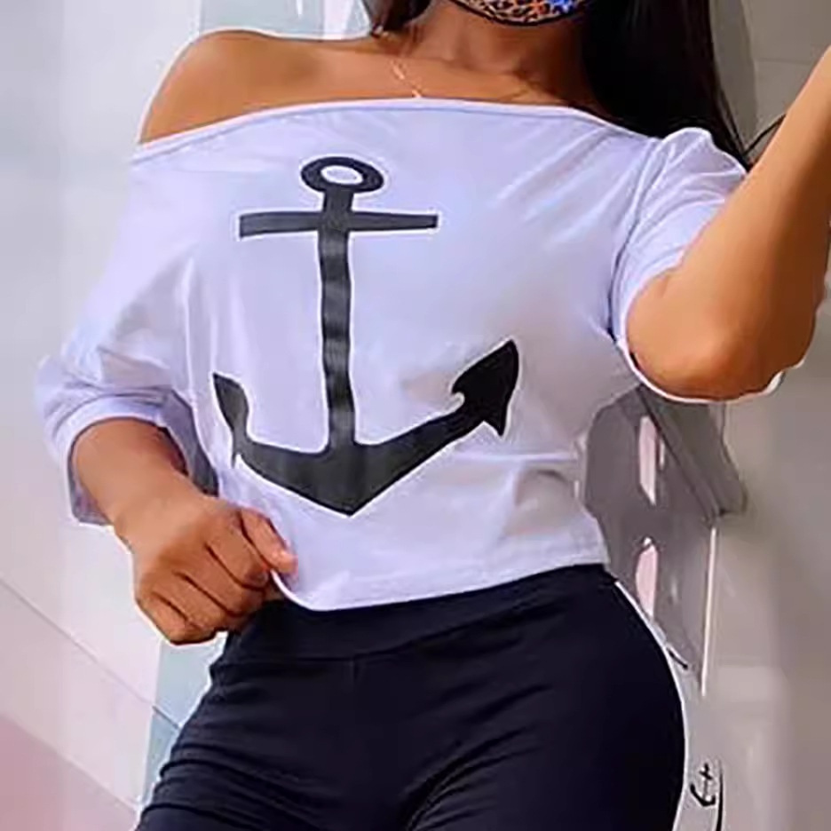 ChicShe 2023 European And American Autumn Summer Women's Clothing Anchor Print Short Sleeve T-Shirt Top High Waist Tummy Control_voghion.com