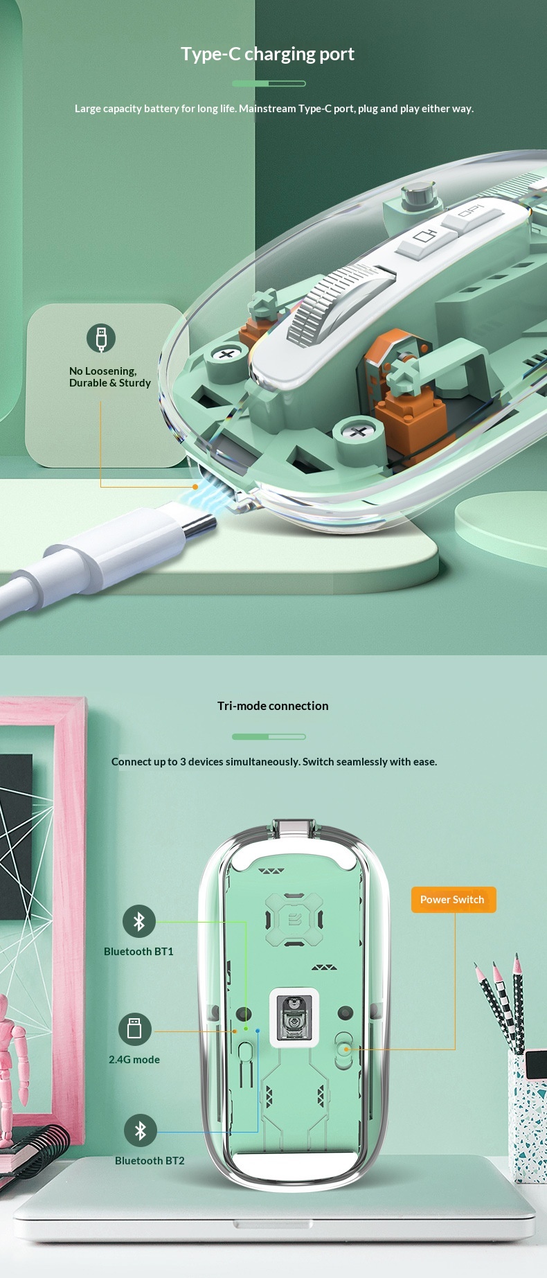 Digitex Digitex Silent Transparent Mouse Three-Mode Wireless Bluetooth Business Office Lightweight Gaming Ergonomic Rechargeable_voghion.com