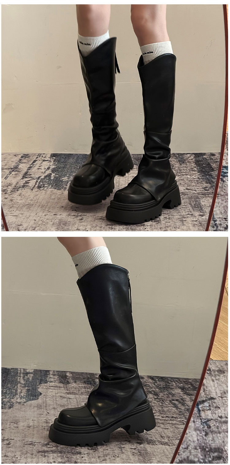 ShoeGlobe ShoeGlobe ShoeGlobe Europejski styl Długie dla kobiet 2025 Wiosna i jesień Gorący trend Ponad kolano Retro plisowane grube podeszwy_voghion.com