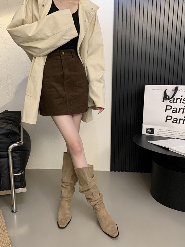 ShoeGlobe ShoeGlobe 2025 Autumn Winter French Retro Suede Low Over-the-Knee Long Thick Heel Pointed Toe Ruched High Tube Boots For Women_voghion.com