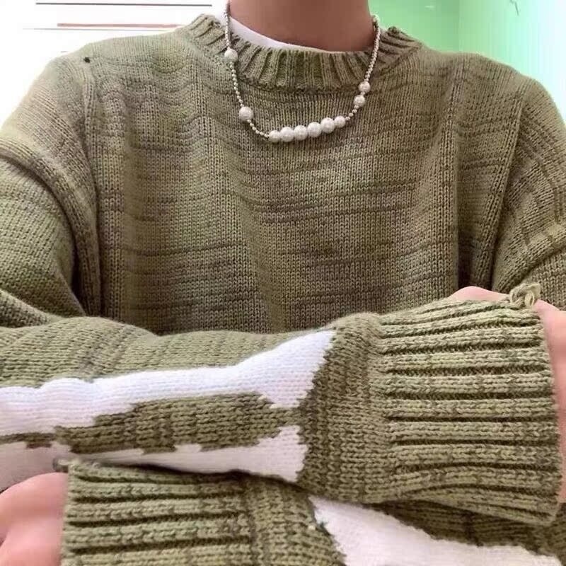 Boy Boy Boy Boy Cross-Border Back Skeleton Jacquard Ripped Long Sleeve Loose Pullover Sweater Men And Women Trendy Green In_voghion.com