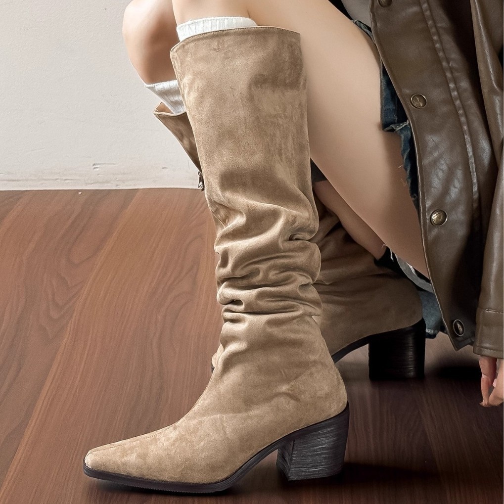 ShoeGlobe ShoeGlobe ShoeGlobe En stock ~ Bottes western rétro montantes, amincissantes, plissées, à large ouverture, talon épais, style automne_voghion.com