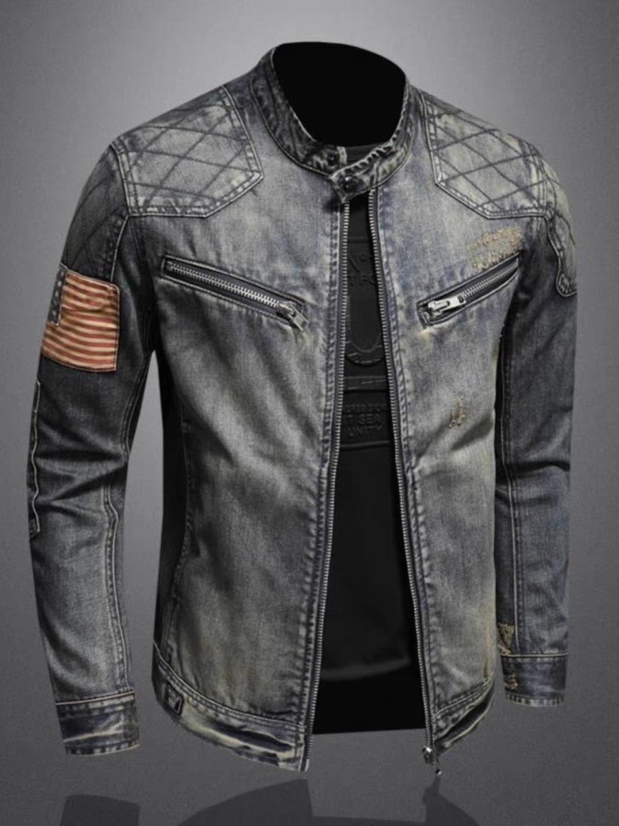 Veste de moto vintage automne-hiver style rétro tendance, marque européenne/américaine, col montant, fermeture éclair._voghion.com