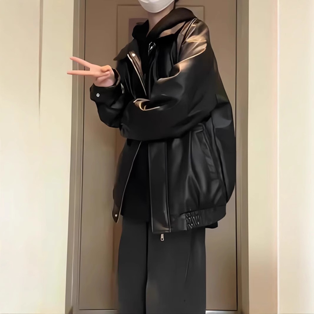 Giacca da aviatore in pelle PU nera da uomo alla moda di strada europea e americana, ampia e alla moda_voghion.com