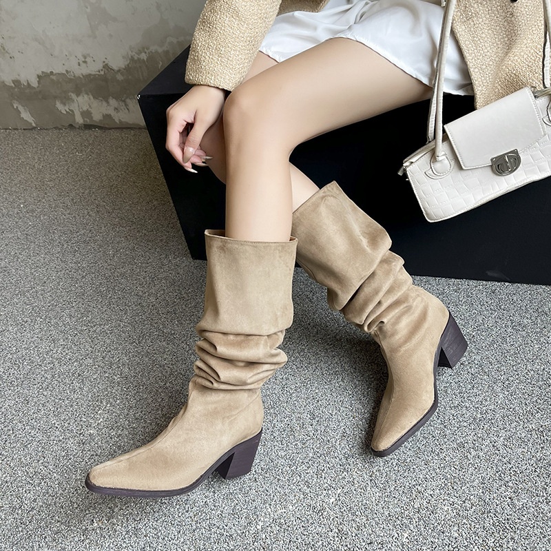 ShoeGlobe ShoeGlobe ShoeGlobe 776-1 Women's Riding Thick Heel Autumn Winter Western High Tube Retro Slimming Wrinkled Slouch Long Boots Wide Mouth_voghion.com