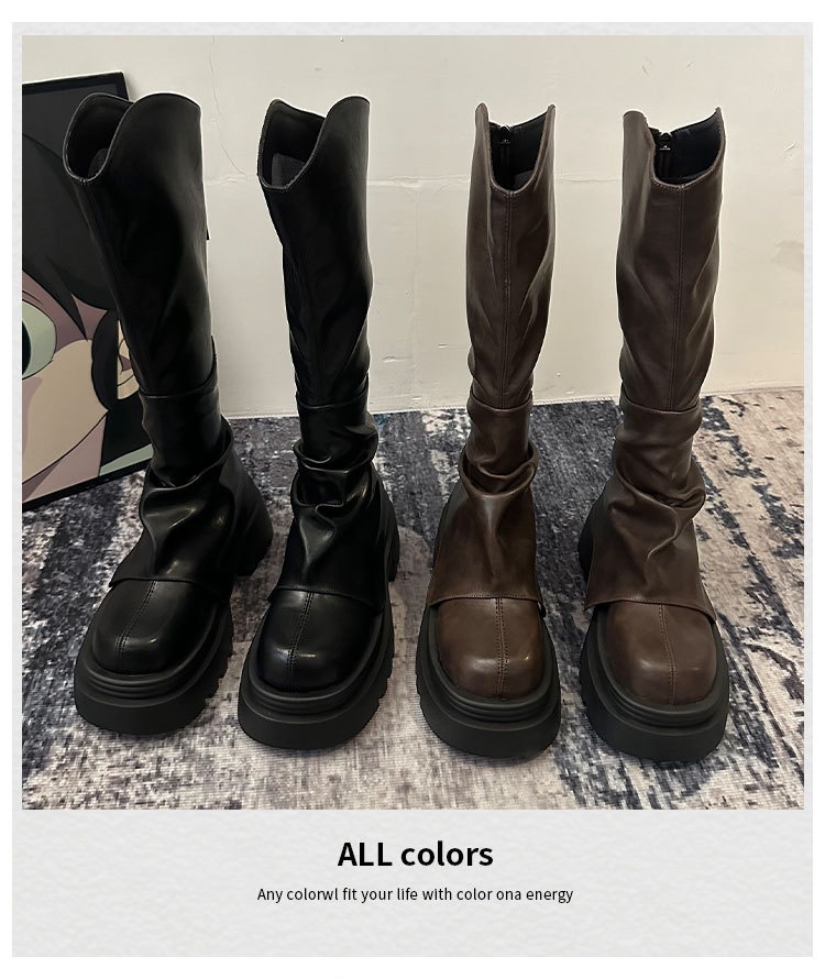 ShoeGlobe ShoeGlobe ShoeGlobe Europejski styl Długie dla kobiet 2025 Wiosna i jesień Gorący trend Ponad kolano Retro plisowane grube podeszwy_voghion.com