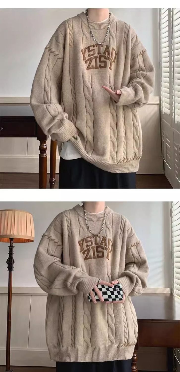 Pull décontracté style américain pour homme, maille torsadée épaisse, automne-hiver, style japonais rétro, kaki_voghion.com
