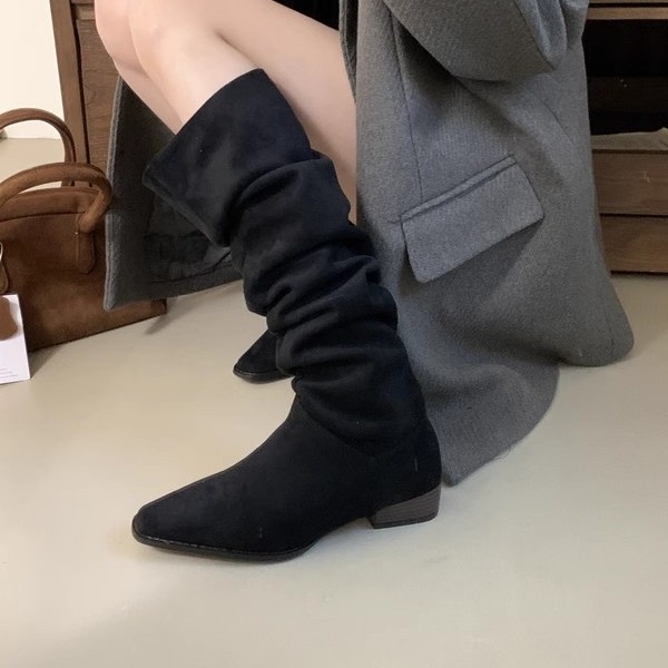 ShoeGlobe ShoeGlobe 2025 Autumn Winter French Retro Suede Low Over-the-Knee Long Thick Heel Pointed Toe Ruched High Tube Boots For Women_voghion.com