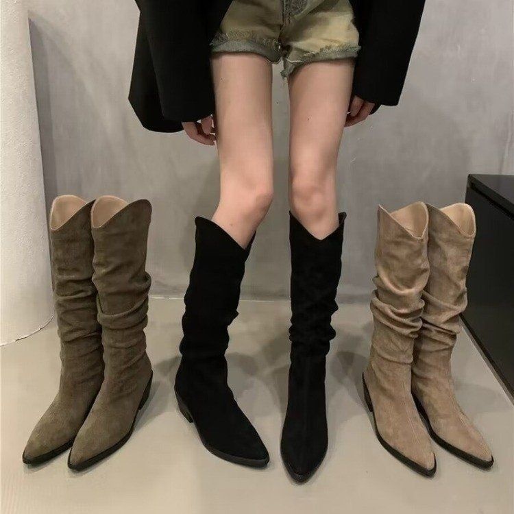 ShoeGlobe ShoeGlobe ShoeGlobe French Retro Brown Short 2025 Summer And Autumn New High Women's Slouch Cowboy Boots_voghion.com