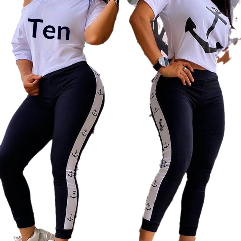 ChicShe 2023 European And American Autumn Summer Women's Clothing Anchor Print Short Sleeve T-Shirt Top High Waist Tummy Control_voghion.com