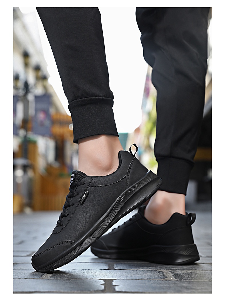 Baskets en cuir Zees Foreign Trade pour homme, modèle automne, imperméables, antidérapantes, noires, polyvalentes, à semelle souple et décontractée._voghion.com