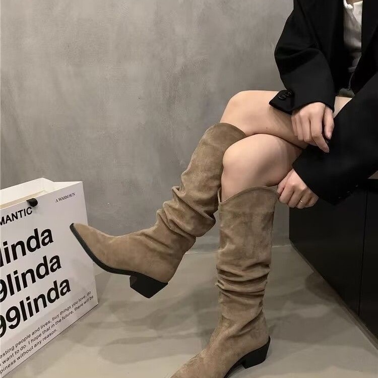 ShoeGlobe ShoeGlobe Stivali lunghi da donna con pile, stivali morbidi retrò versatili 2024, stivali alti antiscivolo per la moda autunnale e invernale_voghion.com