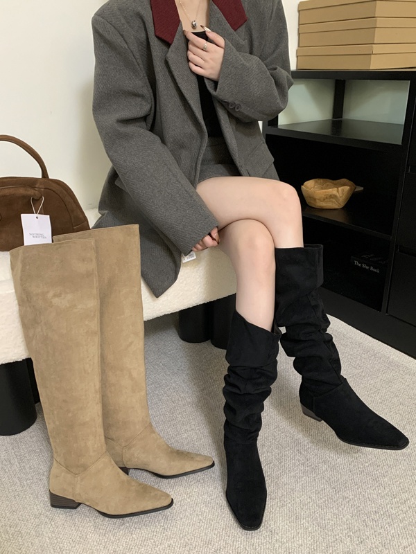 ShoeGlobe ShoeGlobe 2025 Autumn Winter French Retro Suede Low Over-the-Knee Long Thick Heel Pointed Toe Ruched High Tube Boots For Women_voghion.com