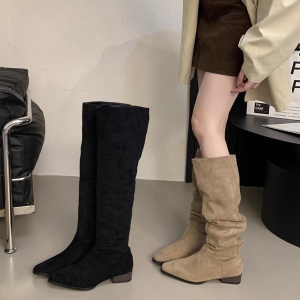 ShoeGlobe ShoeGlobe 2025 Autumn Winter French Retro Suede Low Over-the-Knee Long Thick Heel Pointed Toe Ruched High Tube Boots For Women_voghion.com