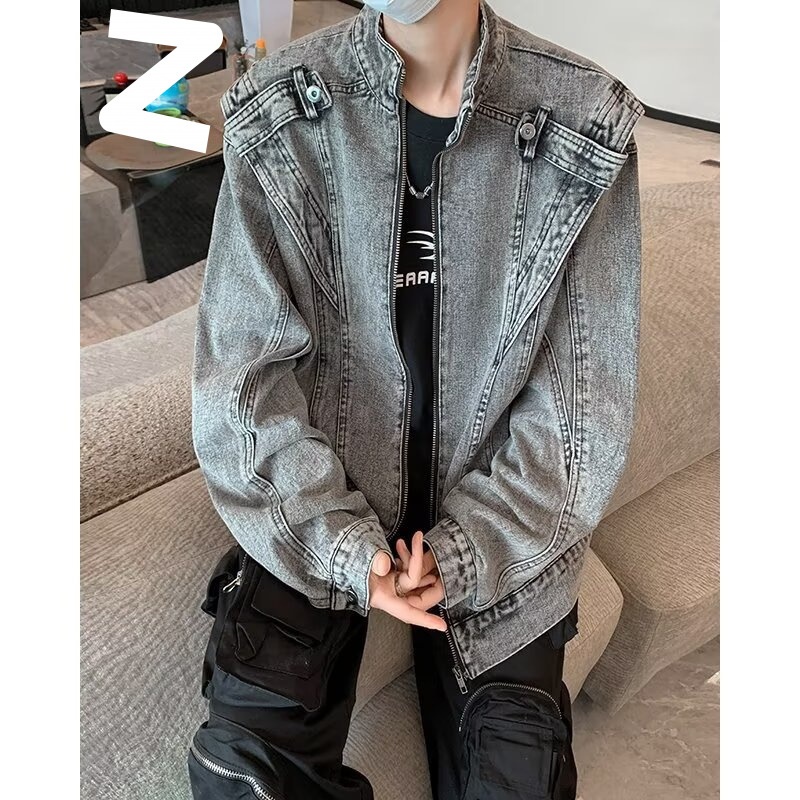 Giacca da motociclista da uomo in denim corto patchwork retrò resistente e alla moda, marchio europeo e americano, stile Cleanfit_voghion.com