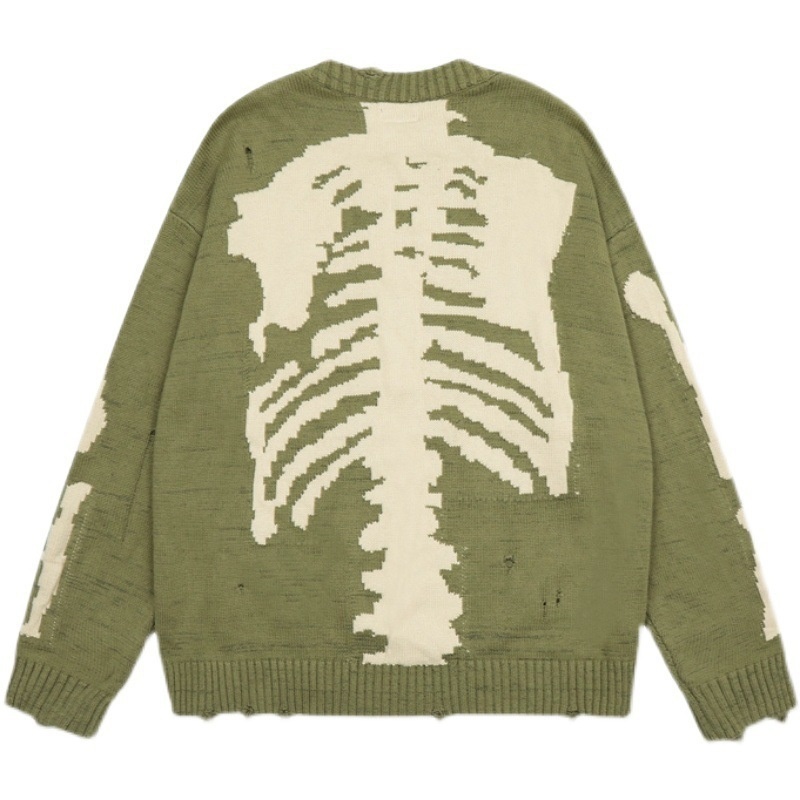 Boy Boy Boy Boy Cross-Border Back Skeleton Jacquard Ripped Long Sleeve Loose Pullover Sweater Men And Women Trendy Green In_voghion.com