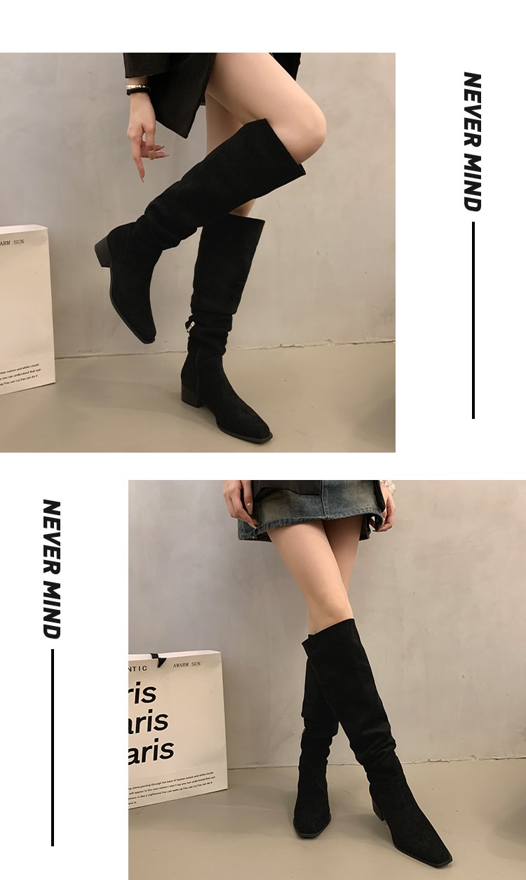ShoeGlobe ShoeGlobe ShoeGlobe Chunky Heel Pointed Toe Suede Slim Long Women's Shoes 2025 New Autumn Winter Korean Style Over-the-Knee Riding Boots_voghion.com