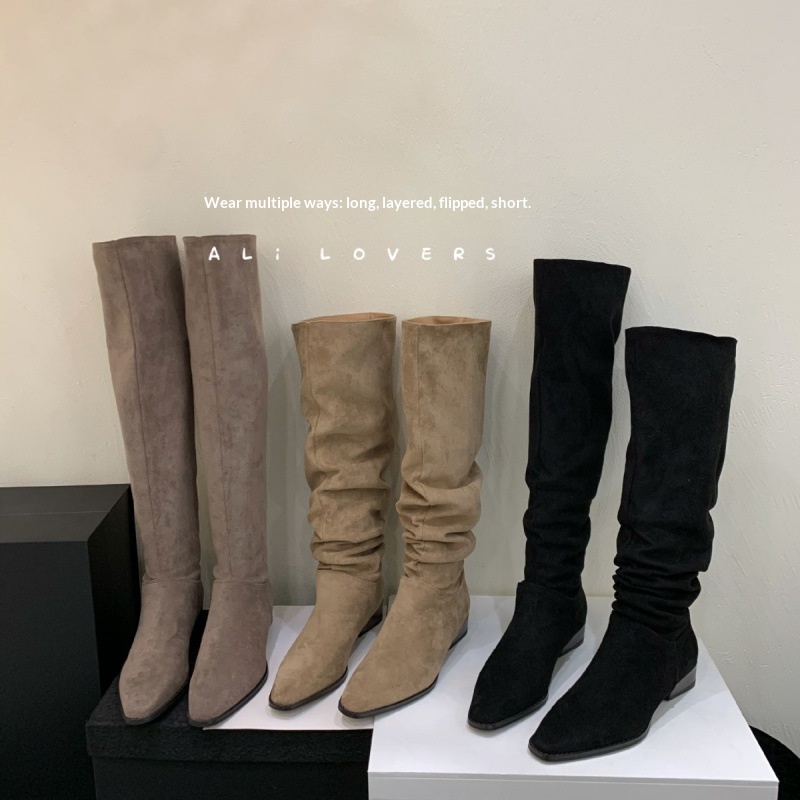 ShoeGlobe ShoeGlobe ShoeGlobe Stacked Women's Riding Retro Suede Chunky Heel Square Toe 2024 New Wrinkled High Tube Long Boots_voghion.com