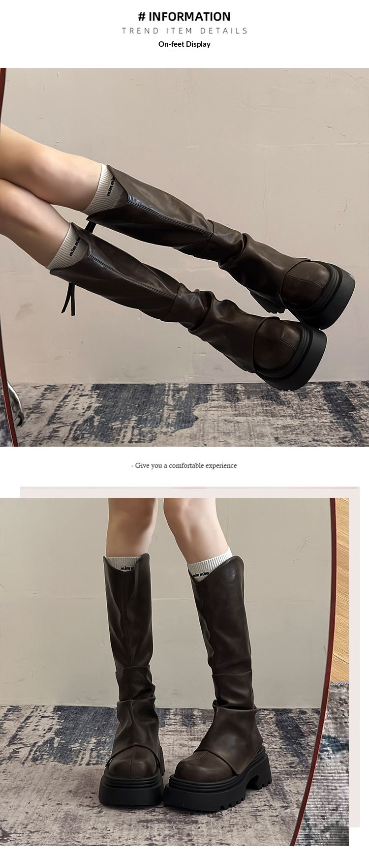 ShoeGlobe ShoeGlobe ShoeGlobe Europejski styl Długie dla kobiet 2025 Wiosna i jesień Gorący trend Ponad kolano Retro plisowane grube podeszwy_voghion.com