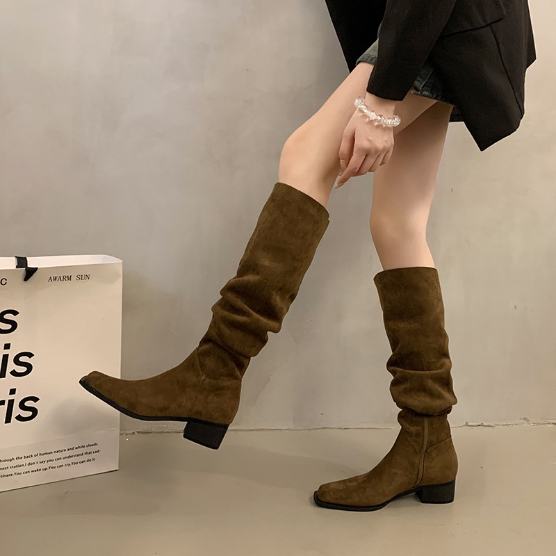 ShoeGlobe ShoeGlobe ShoeGlobe Chunky Heel Pointed Toe Suede Slim Long Women's Shoes 2025 New Autumn Winter Korean Style Over-the-Knee Riding Boots_voghion.com