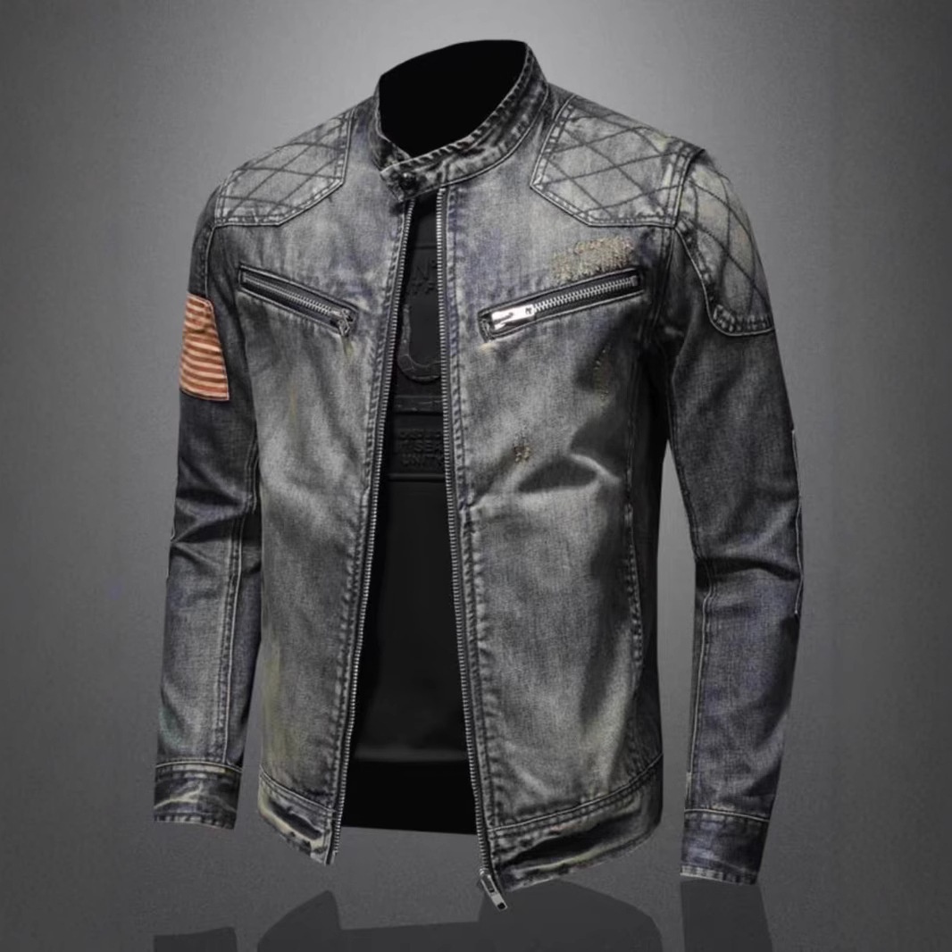 Veste de moto vintage automne-hiver style rétro tendance, marque européenne/américaine, col montant, fermeture éclair._voghion.com