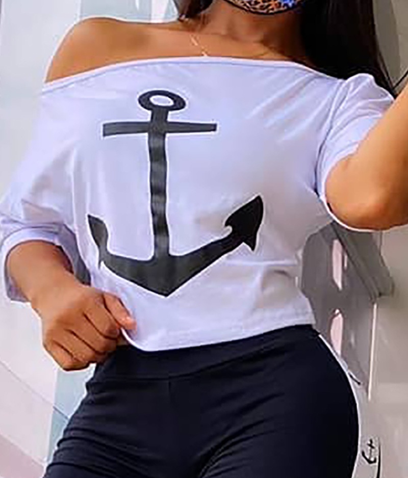 ChicShe 2023 European And American Autumn Summer Women's Clothing Anchor Print Short Sleeve T-Shirt Top High Waist Tummy Control_voghion.com