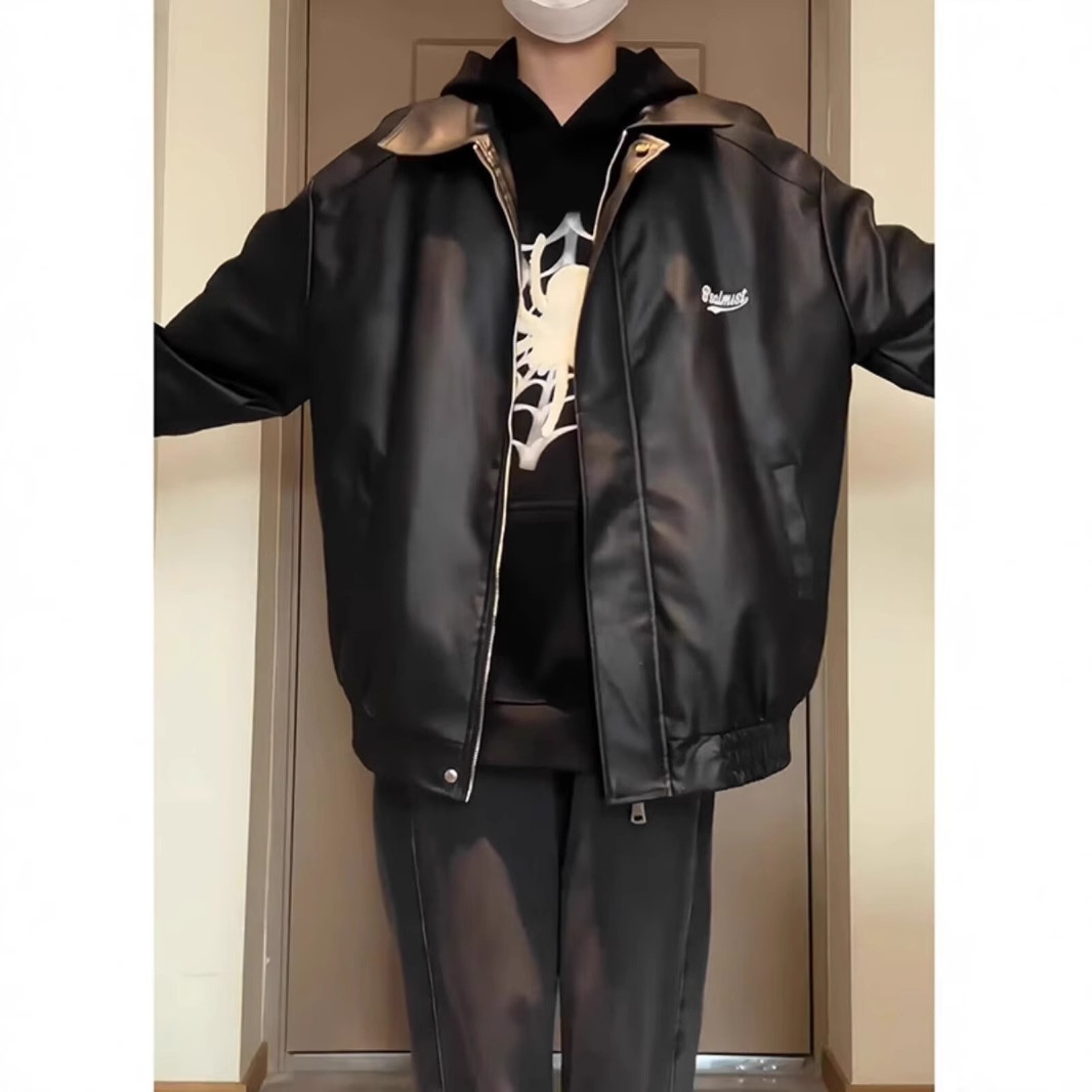 Giacca da aviatore in pelle PU nera da uomo alla moda di strada europea e americana, ampia e alla moda_voghion.com