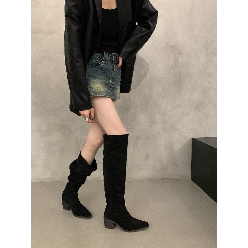 ShoeGlobe ShoeGlobe Vintage High Heel Suede Western Mid-Calf For Women 2025 Autumn Winter New Fleece-Lined Pointed Toe Slouchy Long Riding_voghion.com